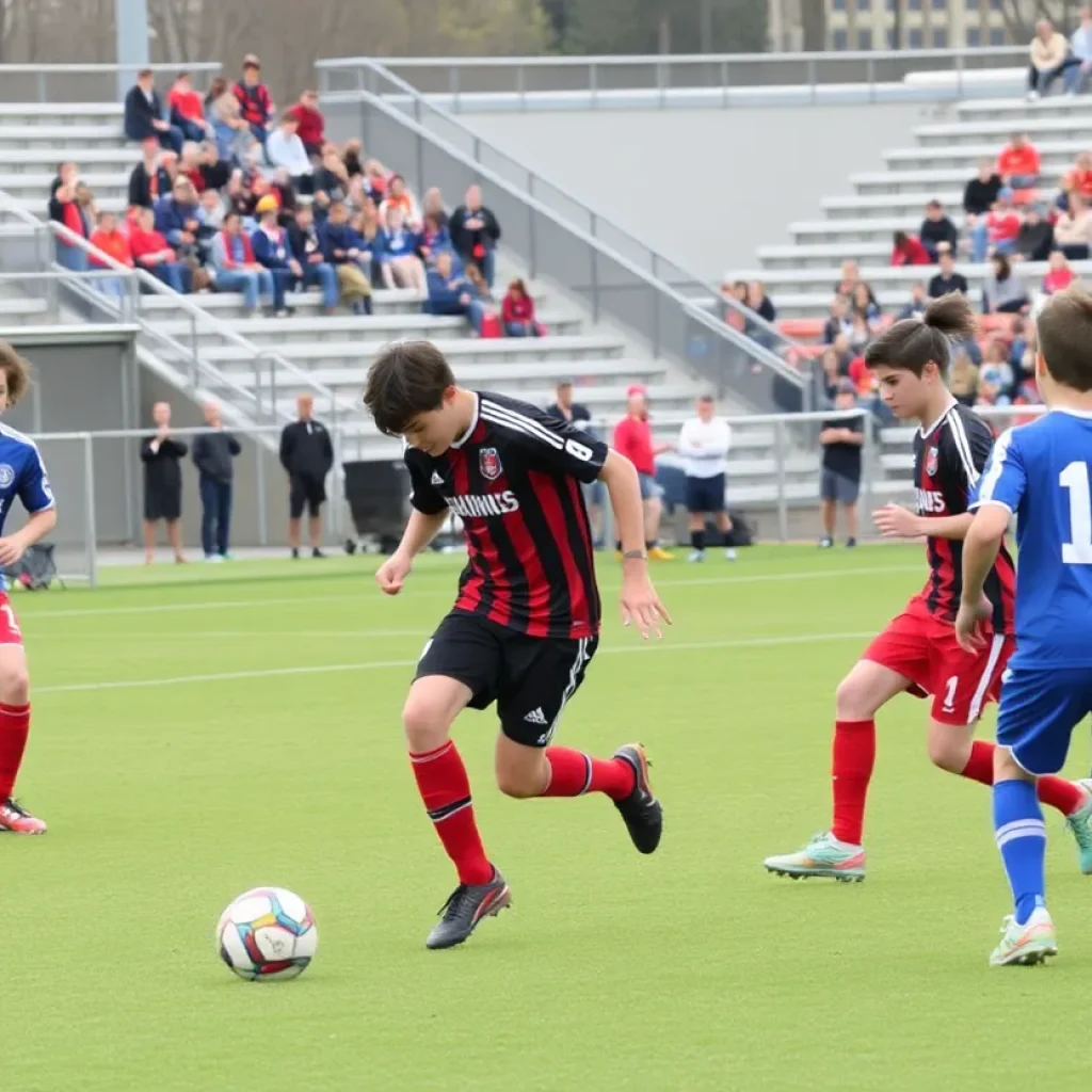 Boys' soccer players on the field during a match