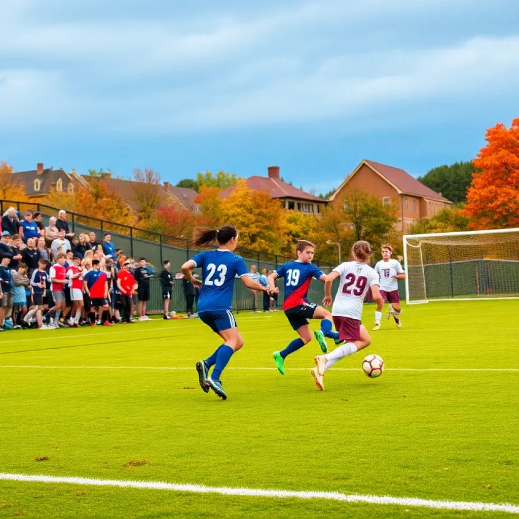 High school soccer game in progress in Pittsburgh during autumn