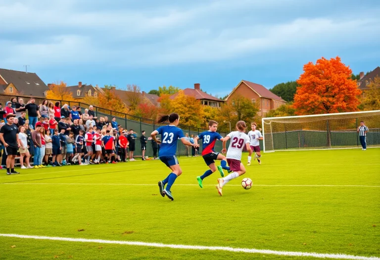 High school soccer game in progress in Pittsburgh during autumn