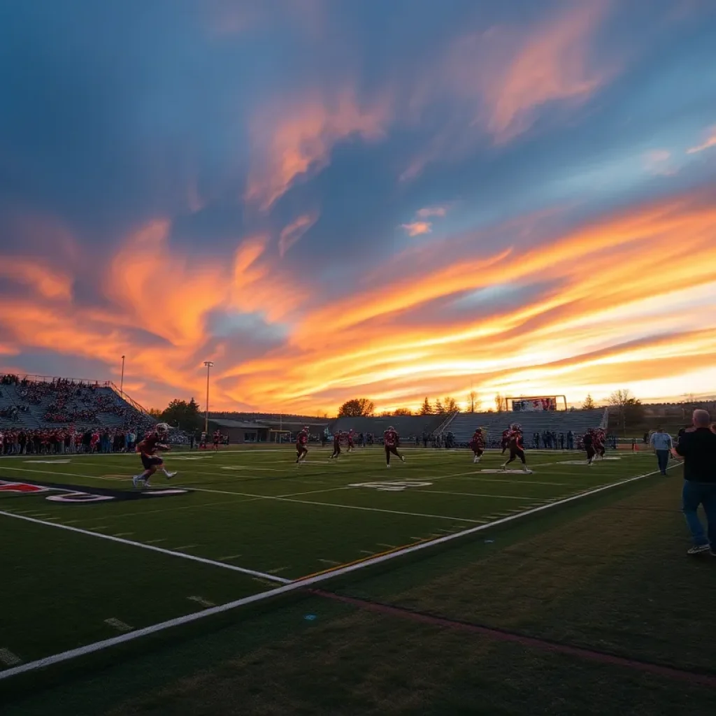 High school football game in Wyoming with players on the field and cheering fans.