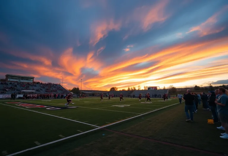 High school football game in Wyoming with players on the field and cheering fans.