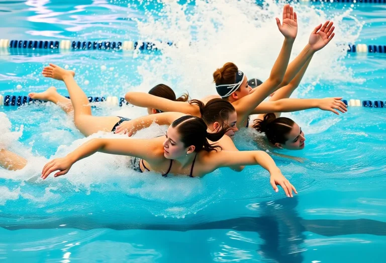 Girls competing in a swimming race at a high school event in Wyoming.