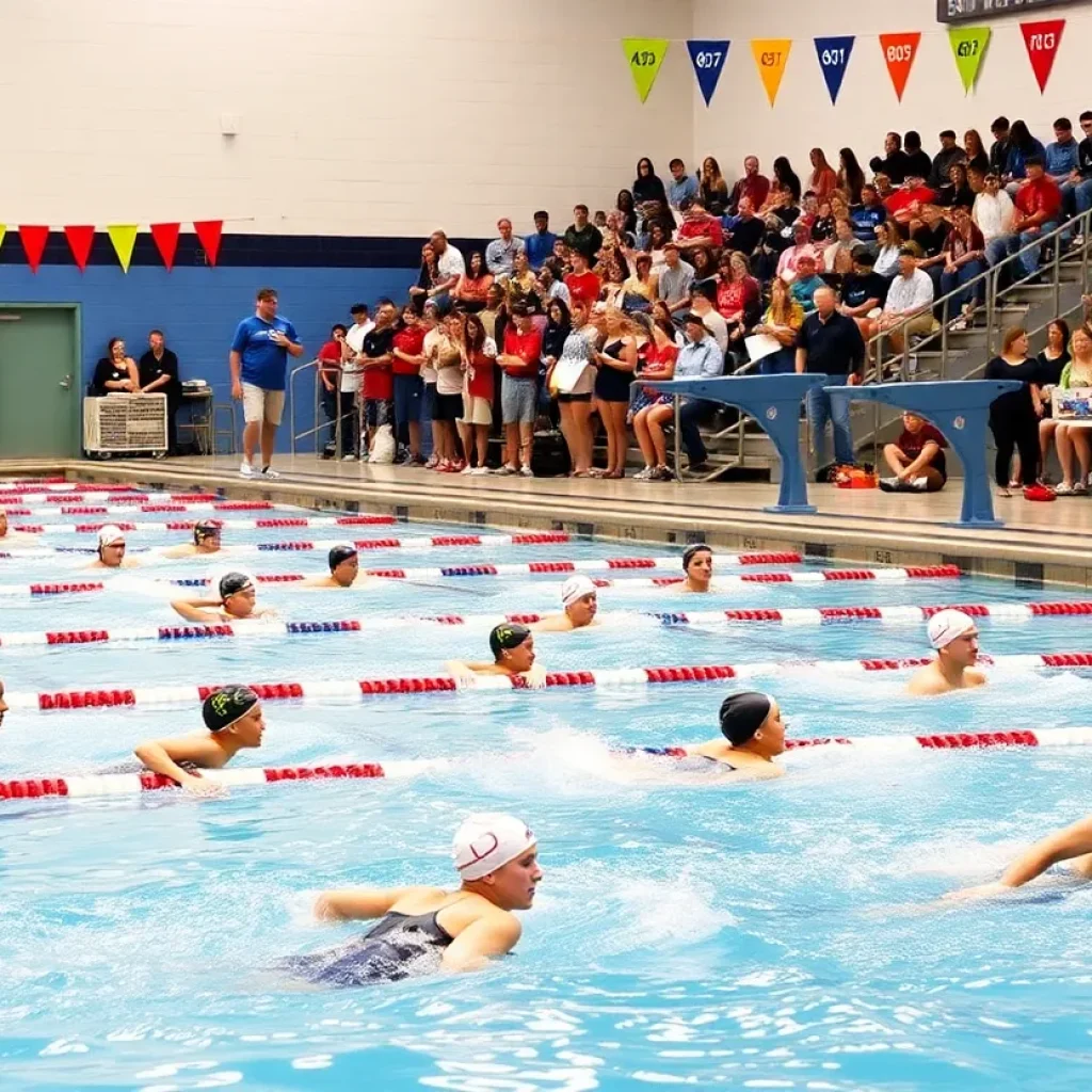 Swimmers competing in a high school girls swimming event in Wyoming