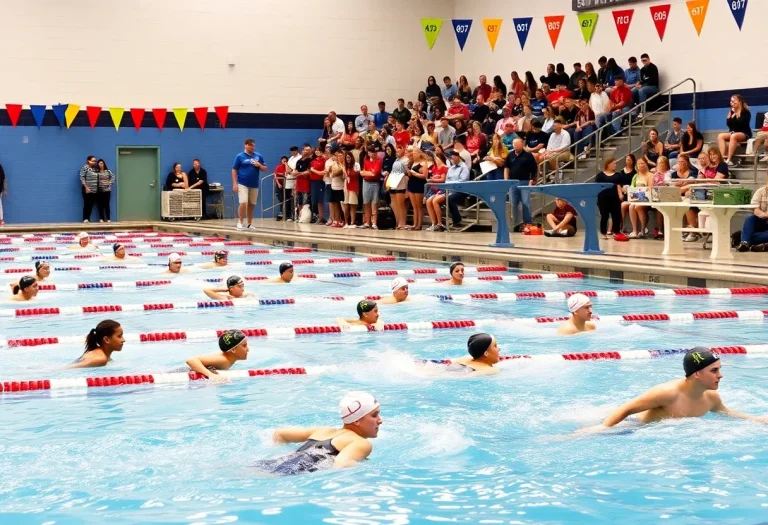 Swimmers competing in a high school girls swimming event in Wyoming