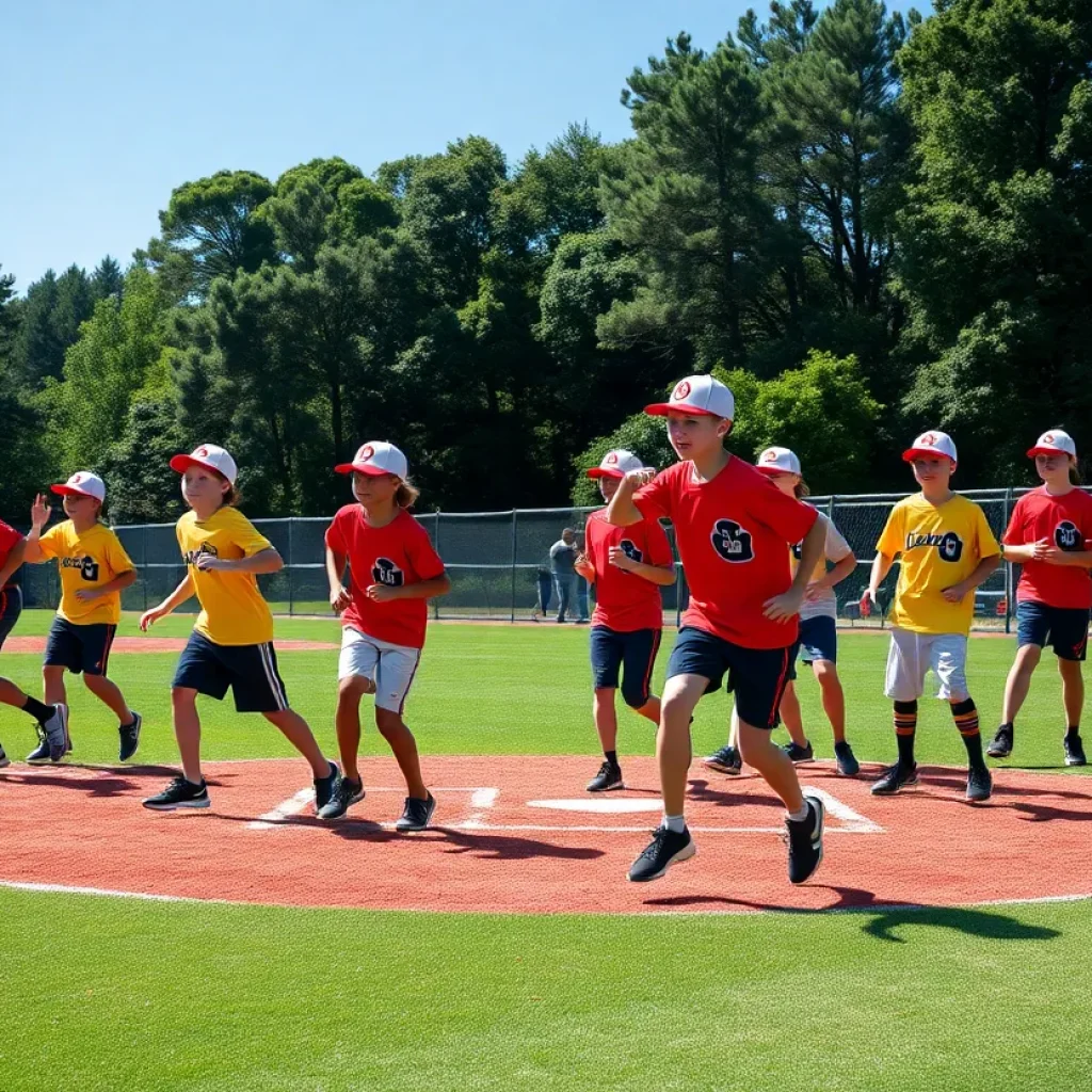 Young baseball players training together on a sunny day