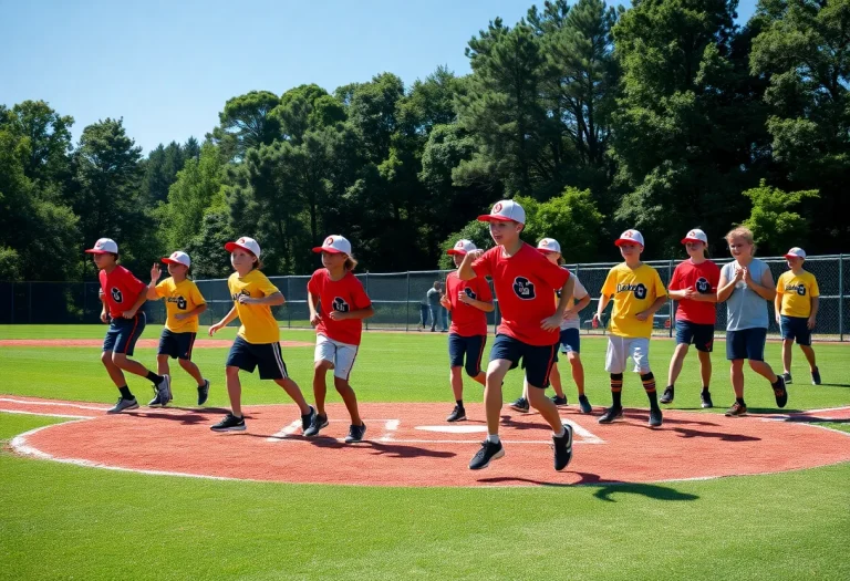 Young baseball players training together on a sunny day