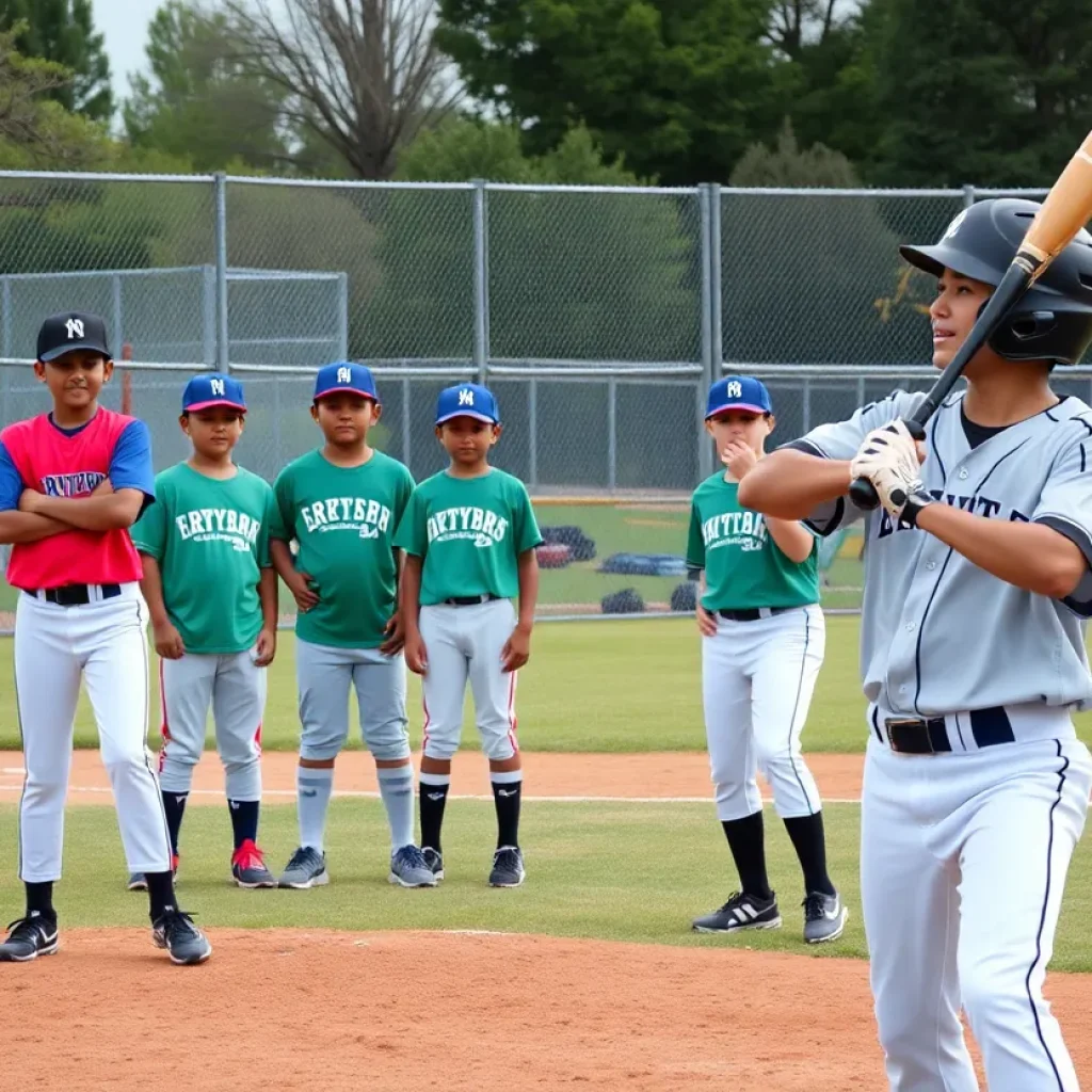 Group of young baseball players practicing on a field.
