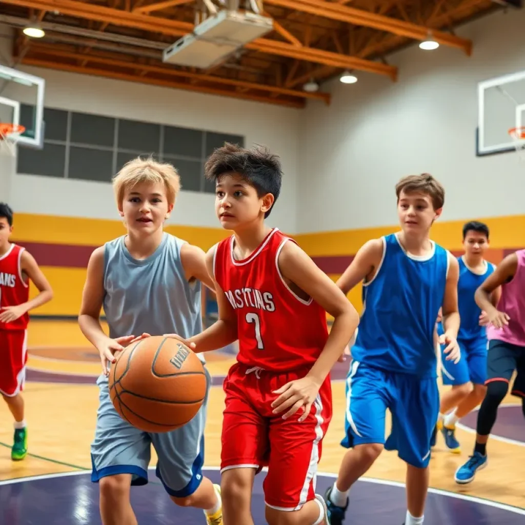 Young basketball players showcasing their skills in an energetic game.