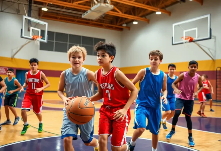 Young basketball players showcasing their skills in an energetic game.