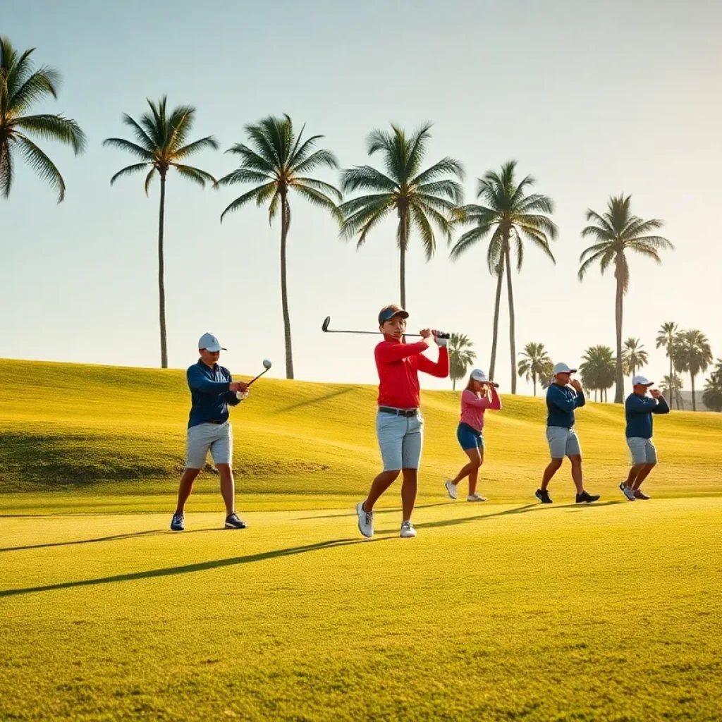 High school golfers practicing on a sunny course