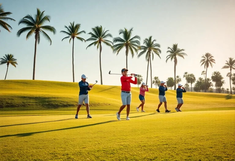 High school golfers practicing on a sunny course