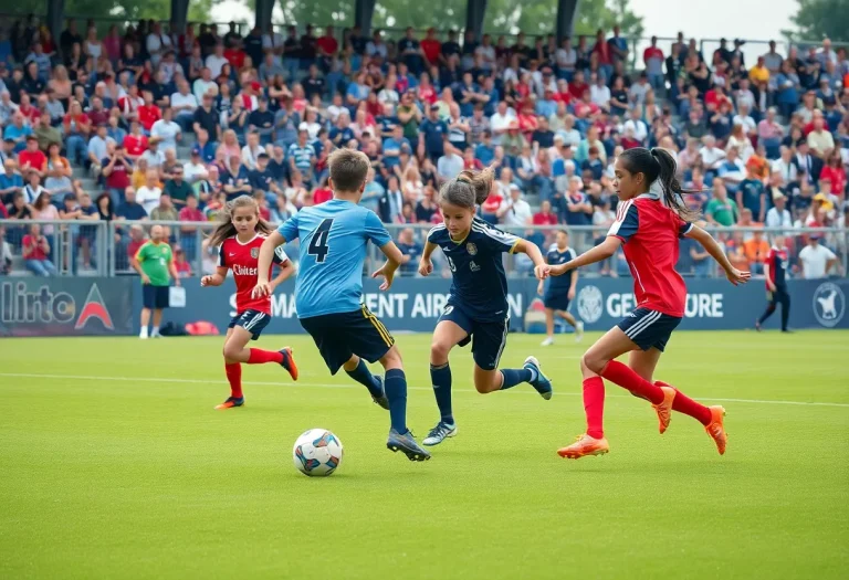 Young soccer players competing on a field