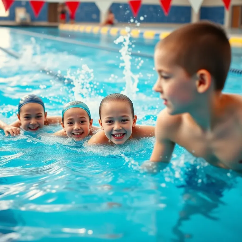 Group of young swimmers practicing in a competitive swimming pool