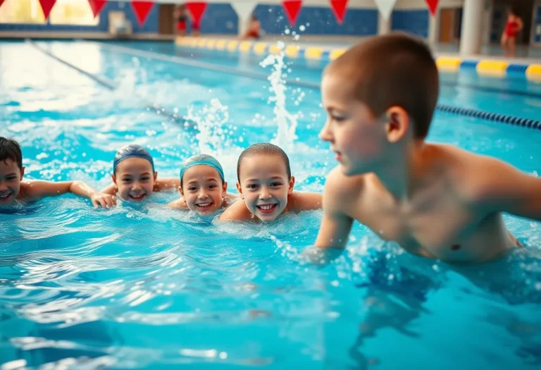 Group of young swimmers practicing in a competitive swimming pool
