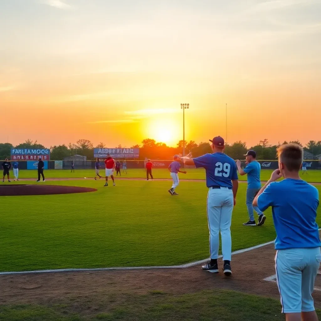 Youth baseball players practicing on a field during sunset.