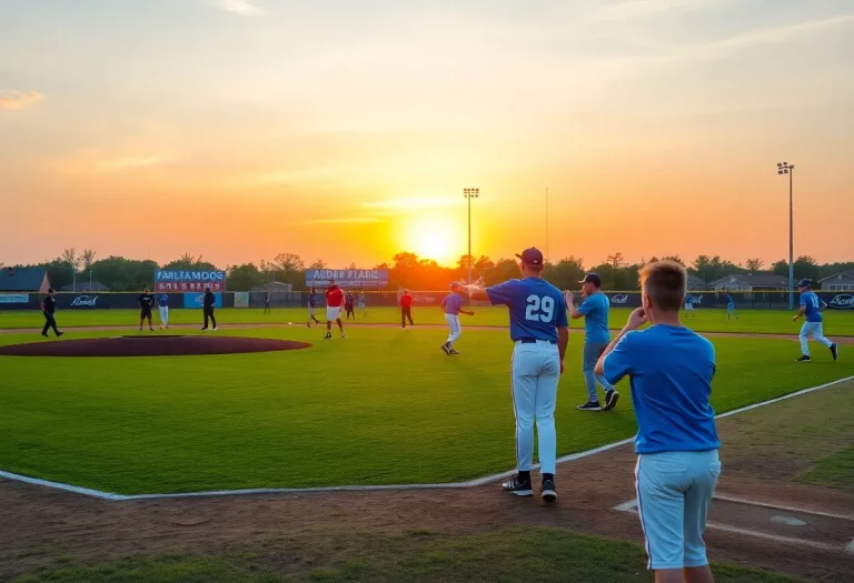 Youth baseball players practicing on a field during sunset.